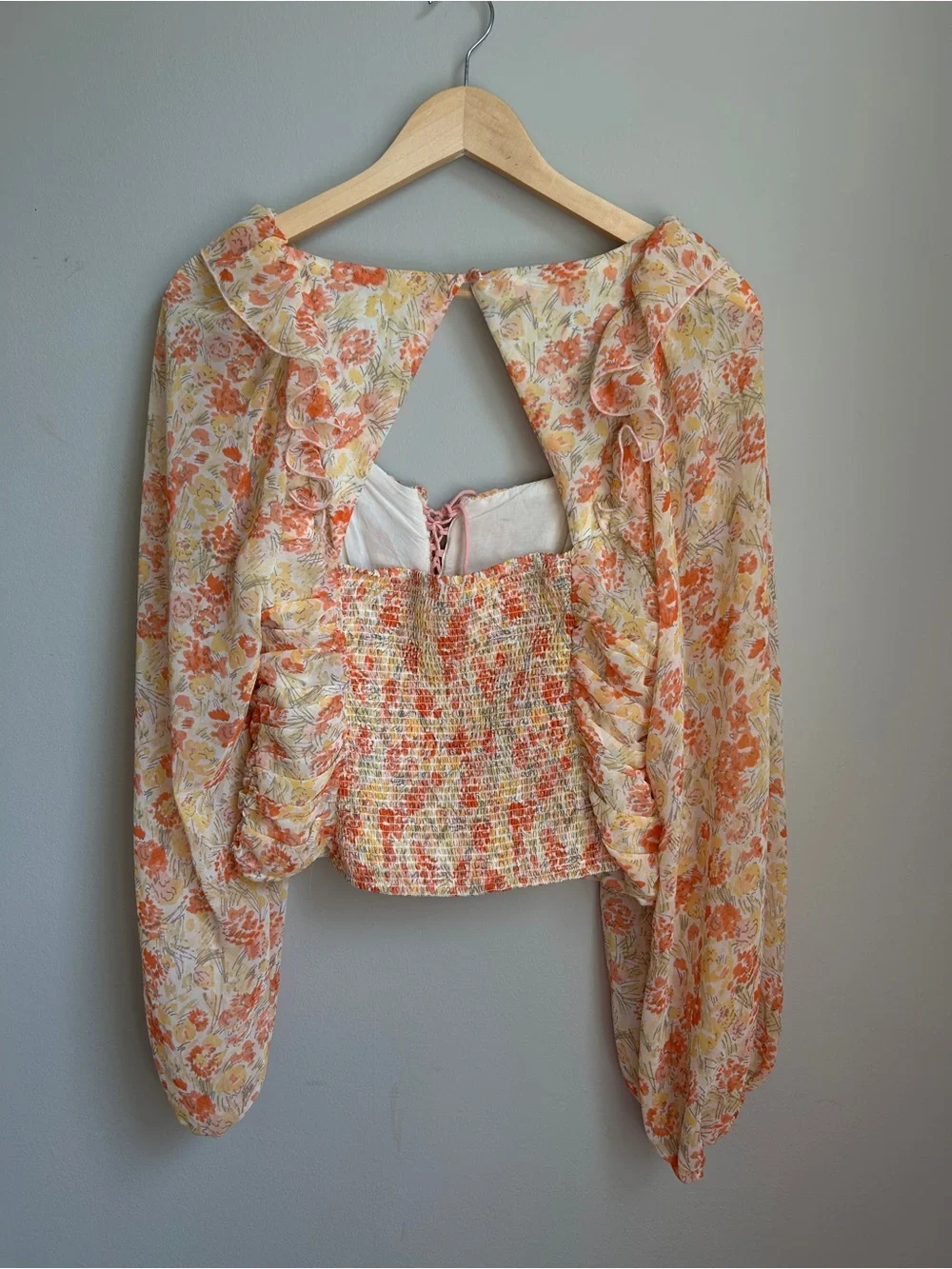 Free People Floral Ruched Peasant Blouse in Peach and Cream